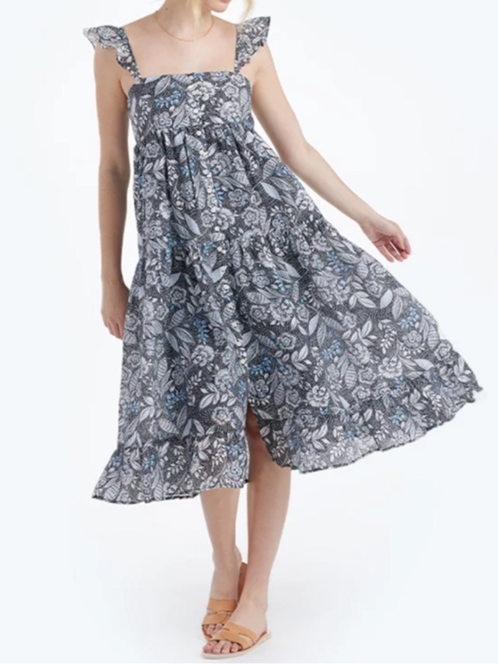 Summersalt‎ Black White Blue Floral Midi Babydoll Dress Tiered Ruffle Hem Size M